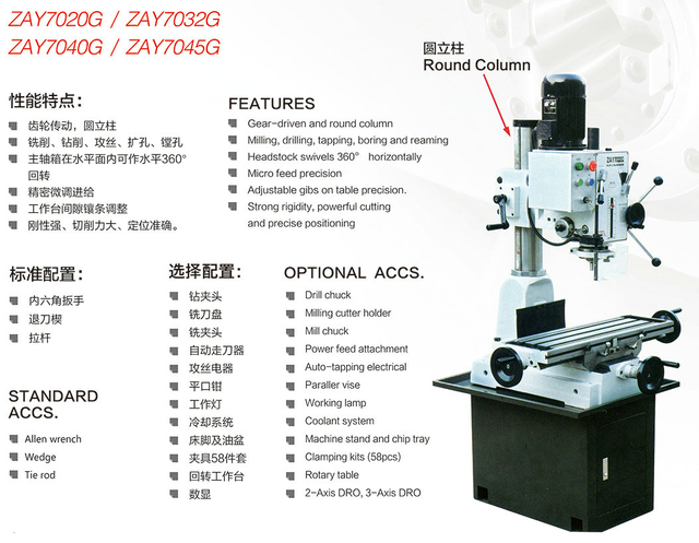 Máquina de perforación y fresado de transmisión en marcha de columna redonda ZAY7025G-ZAY7032G-ZAY7040G-ZAY7045G