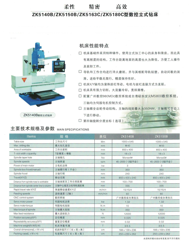  CNC Precisión Flexible Eficiente Eficiente Máquina de taladro de calidad de la serie ZK5140B 