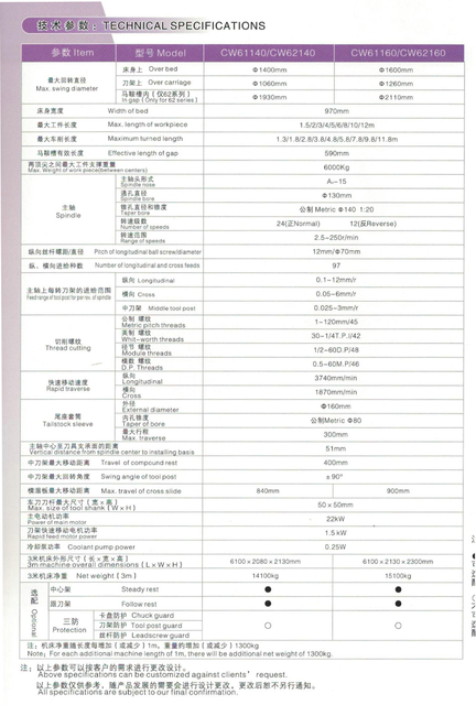 Gran torno de motor CW62140-CW62120