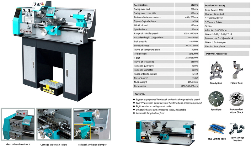 Máquina de torno BL250C para metal (protección de bajo voltaje)