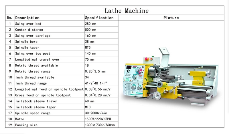 HS280V/500 1500W MOTOR MT5 ESPINTLO 280*500 mm Hilo haciendo torno de metal Machin
