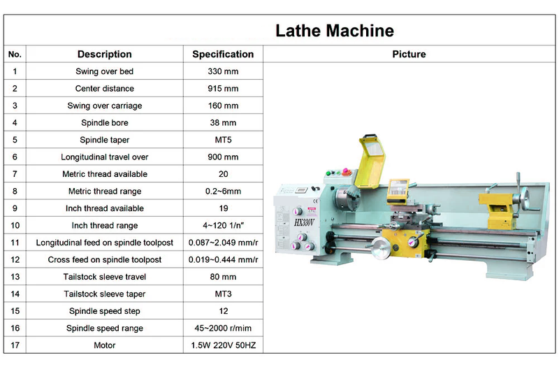 HX330V Plus (330x915 mm) Vario 1500W Motor con Chuck 915*330 mm Máquina de torno de metal de bricolaje