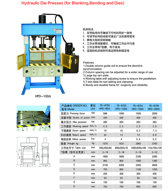 HPD 100A Pressas de troqueles hidráulicos (para blanding, doblando y muere)