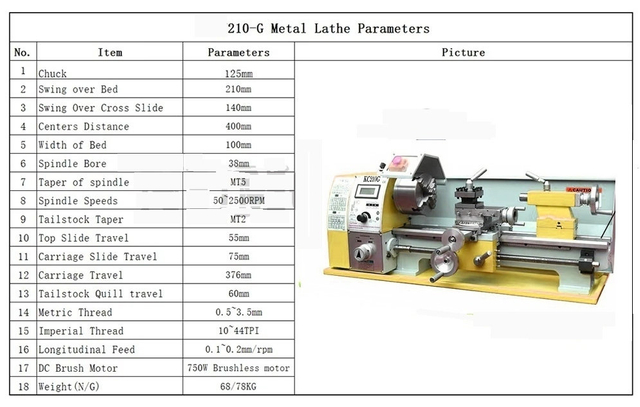  Tornio KC210G 8x16 con caja de cambios de roscado inverso, motor sin escobillas de 750W de alta calidad con función de alimentación automática postiva e inversa mini matriz de metal con torno de metal